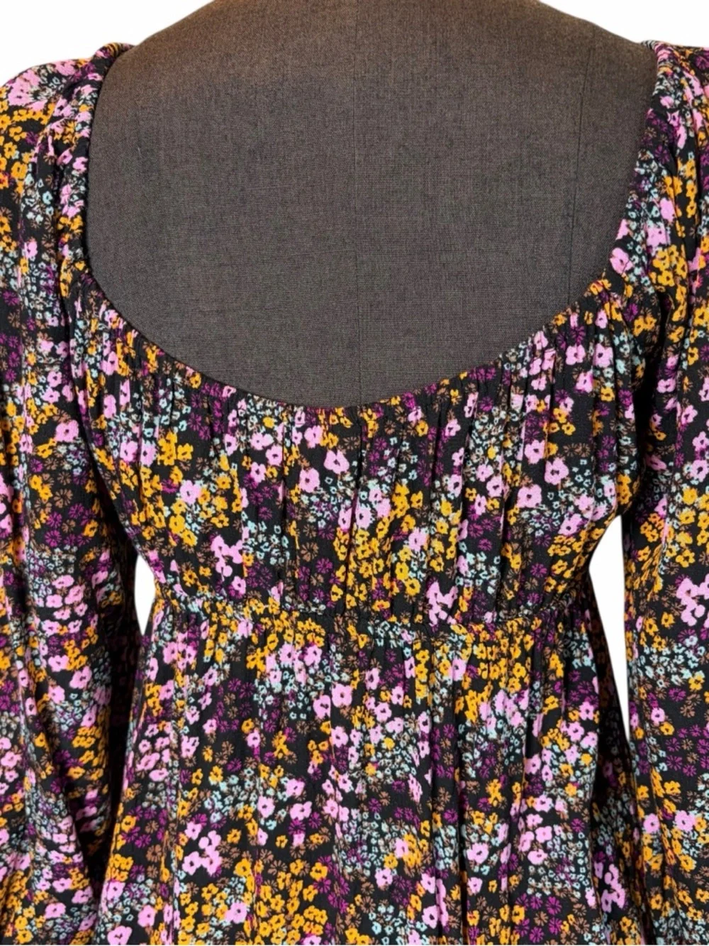 Roxy Floral Mini Dress Size M Boho Peasant Long Sleeve Cottagecore - Picture 4 of 9